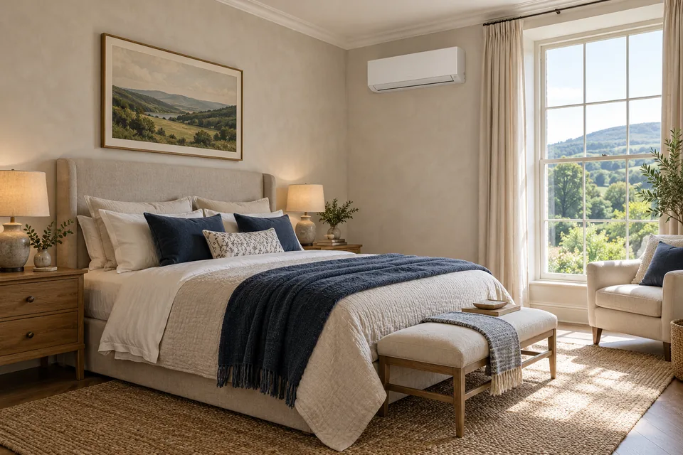 Illustrative bedroom with linen bedding and a discreet wall-mounted air conditioning unit