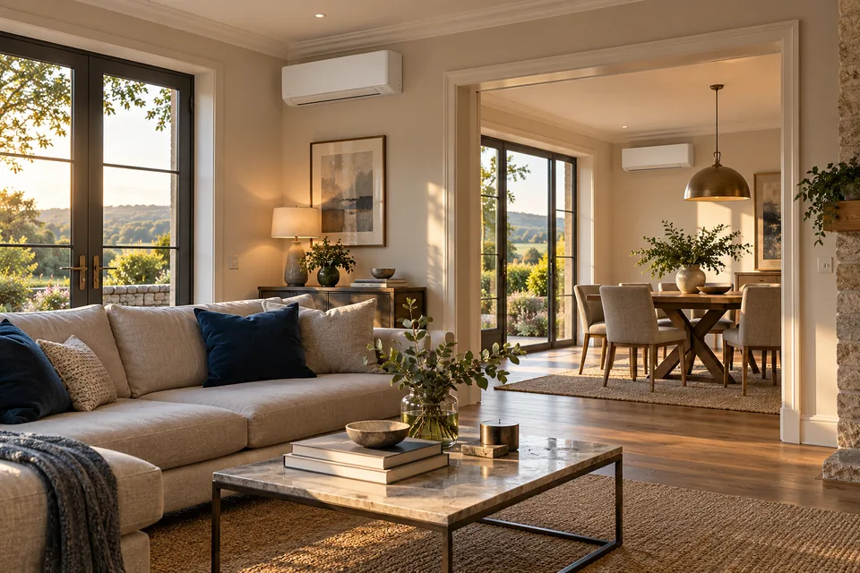 Illustrative connected living and dining spaces with individual wall-mounted air conditioning units