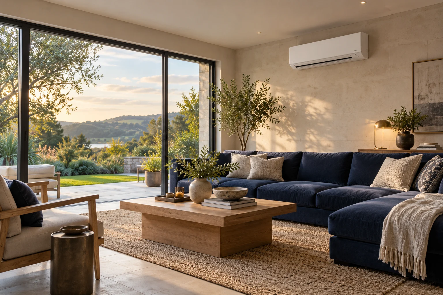 Illustrative modern living room with a wall-mounted air conditioning unit
