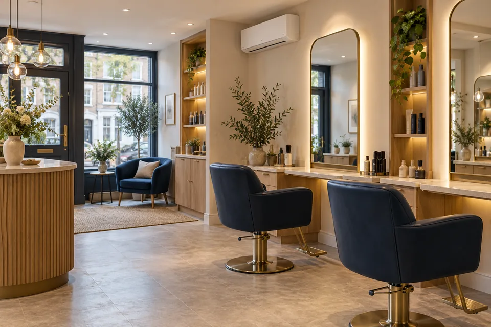 Illustrative boutique salon with navy chairs and discreet wall-mounted air conditioning