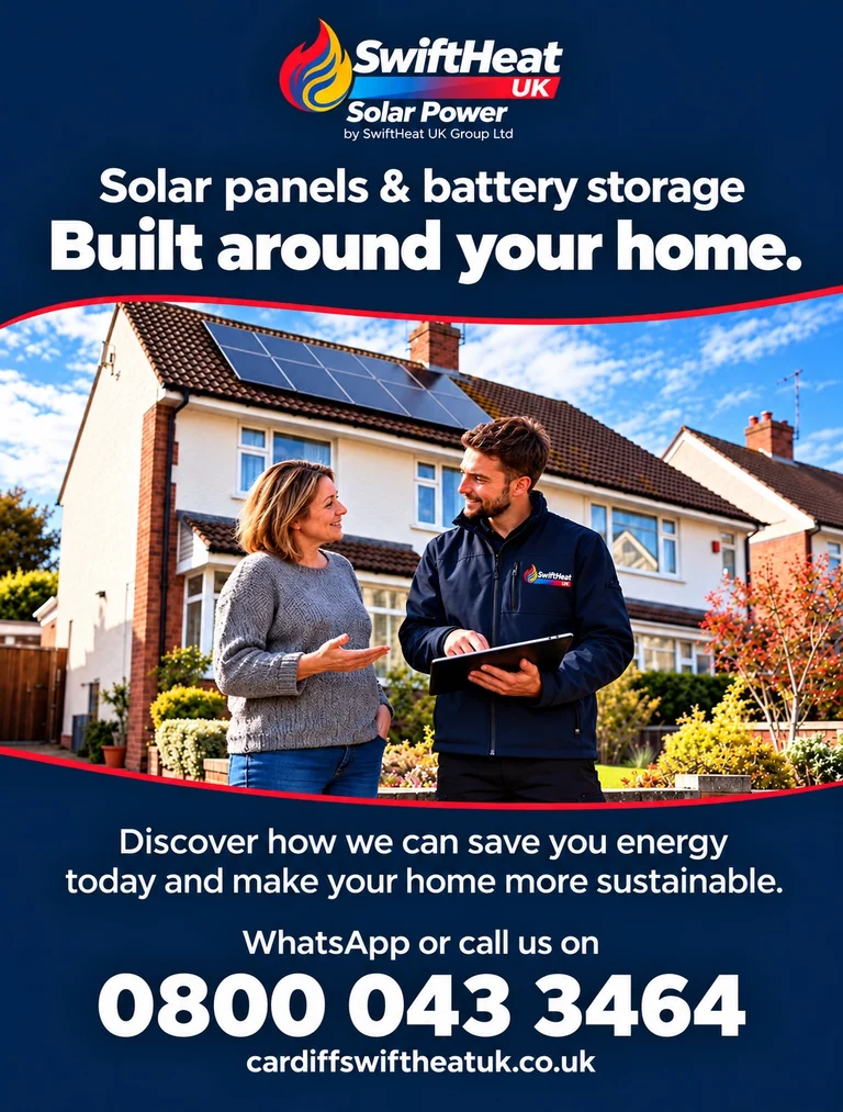 SwiftHeat UK Solar Power: Solar panels and battery storage built around your home. WhatsApp or call 0800 043 3464.