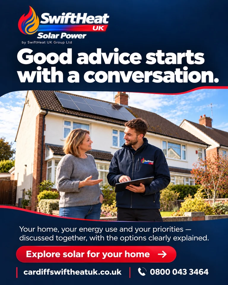 SwiftHeat UK Solar Power: Good advice starts with a conversation. A homeowner discussing solar with an adviser.