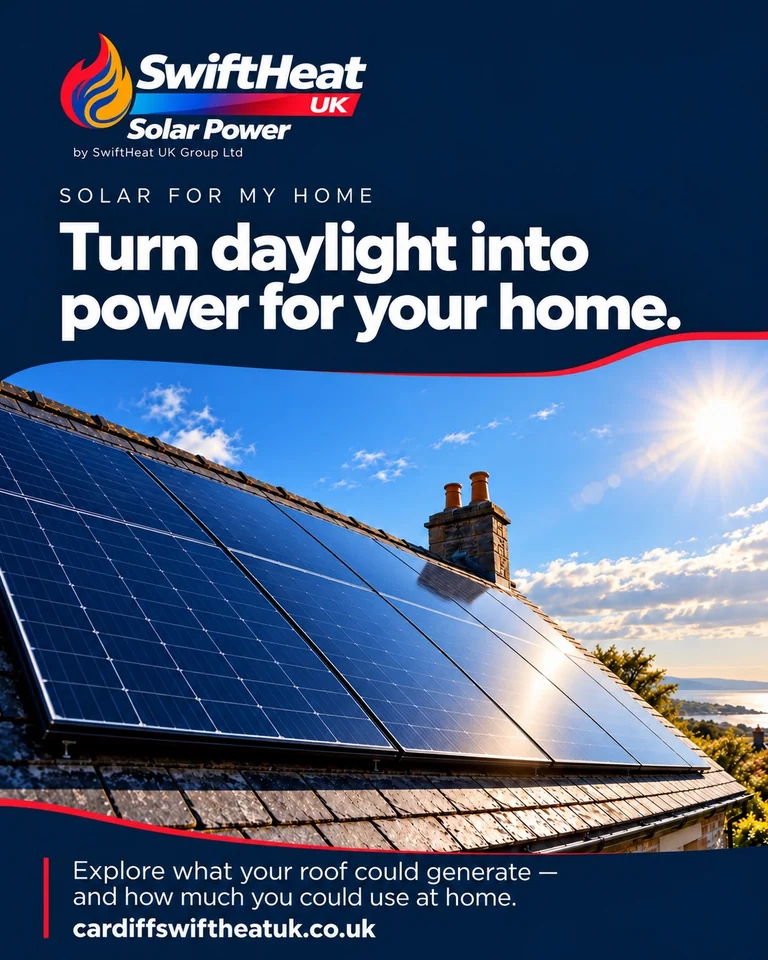 SwiftHeat UK Solar Power: Turn daylight into power for your home. Rooftop solar panels in daylight.