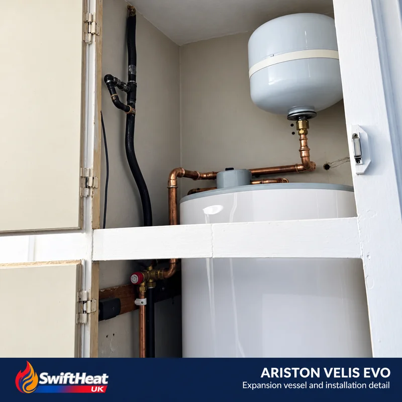 Expansion vessel and upper pipework installed above the Ariston Velis Evo