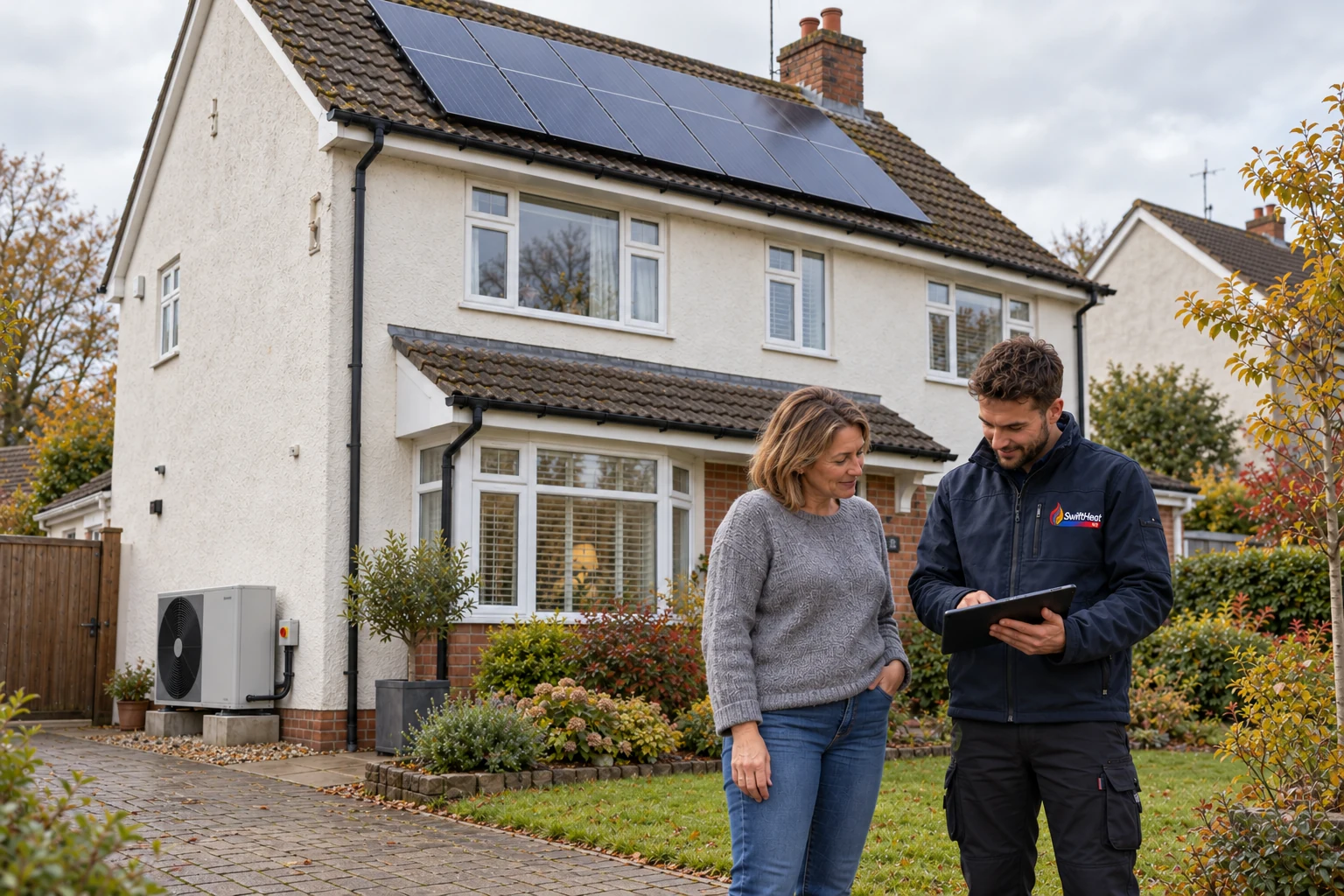 Home energy consultation concept: a homeowner and engineer beside a home with rooftop solar panels and a side-wall air source heat pump
