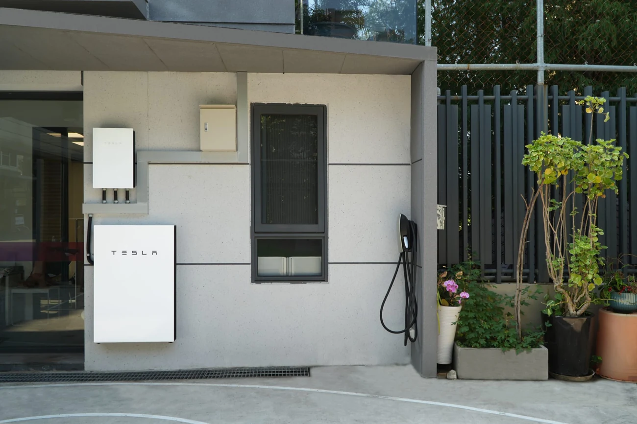 Tesla Powerwall home battery and associated equipment at a domestic property, manufacturer photograph