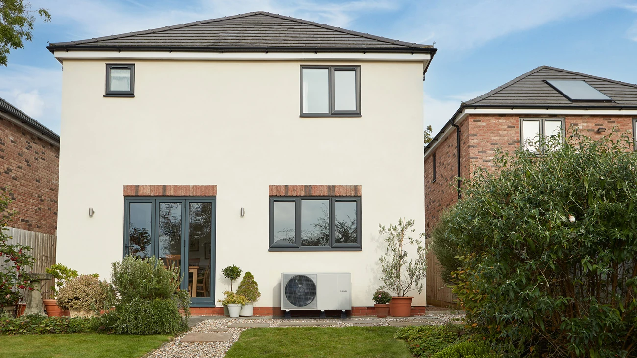 Bosch air source heat pump installed beside a domestic property