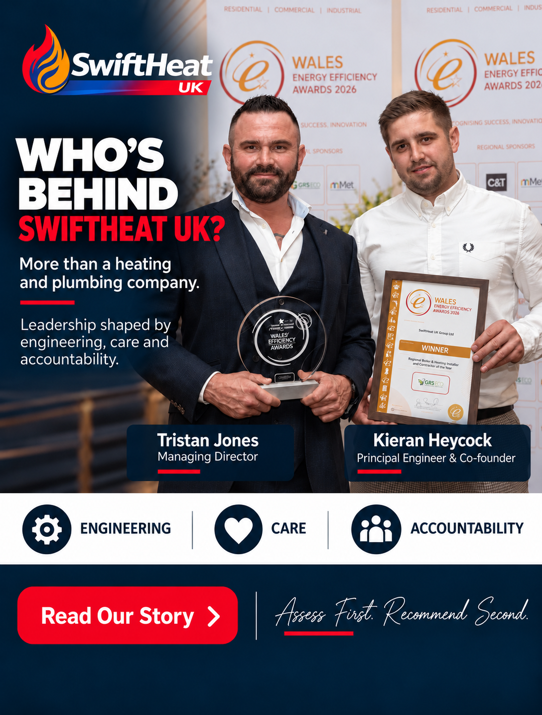 Tristan Jones, Managing Director, and Kieran Heycock, Principal Engineer and Co-founder of SwiftHeat UK, pictured at the Wales Energy Efficiency Awards 2026.